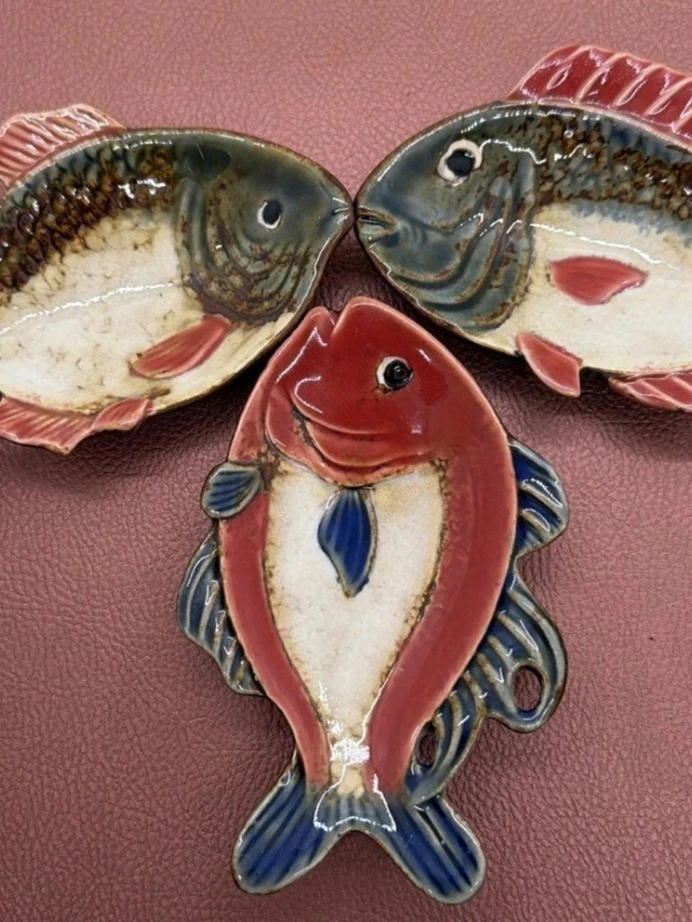 Pier 1 Imports Fish Ceramic Decorative 3 Dipping Dishes Red Fin Spoon Rest